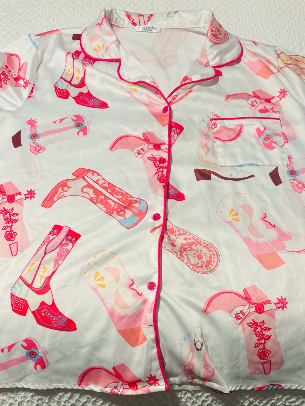 White Satin like Pajama set with Fun Pink Western Cowgirl Boot Print